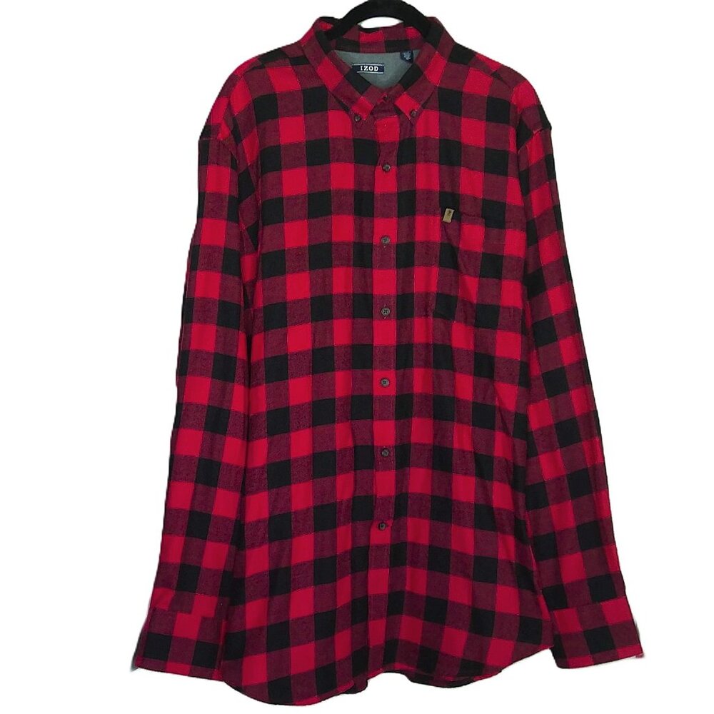 IZOD Men's Buffalo Plaid Flannel Shirt Red & Black Long Sleeve Soft Sz XL